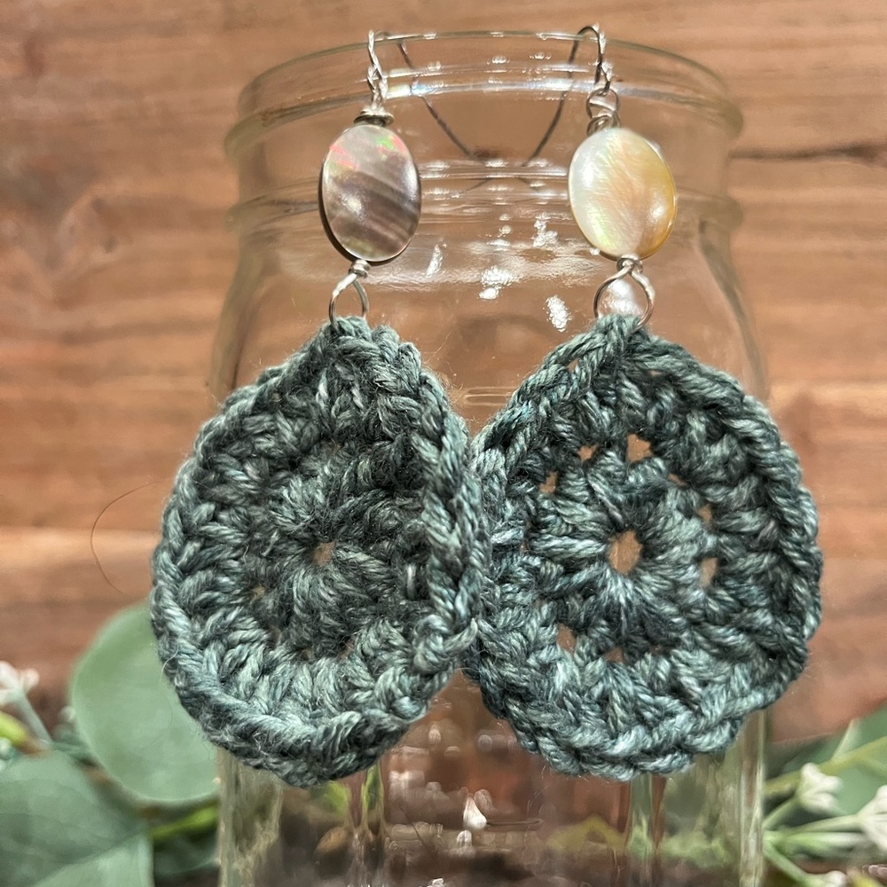 Blue Crochet Earrings with Teardrop Shape and Silver Hooks
